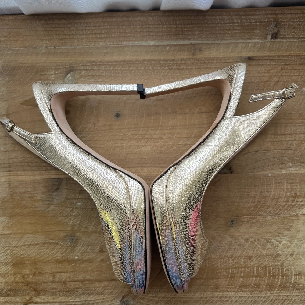 Jimmy Choo Nova Gold Peep Toe Slingback Heel in Women’s Size 37.5 - Picture 8 of 10